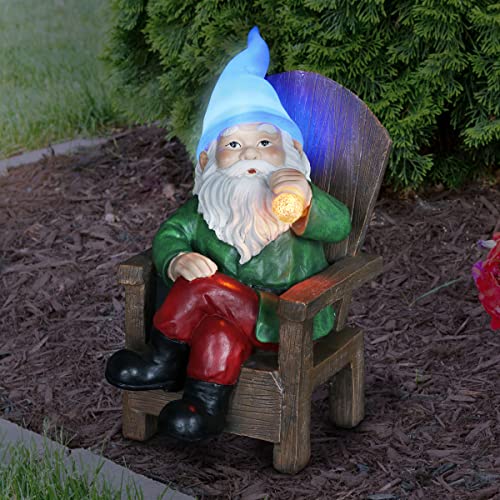 Exhart Solar Smoking Sam Garden Gnome Statue with LED Hat and Cigar, Durable Resin Outdoor Decor, Funny Yard Art, 9 x 11 Inch