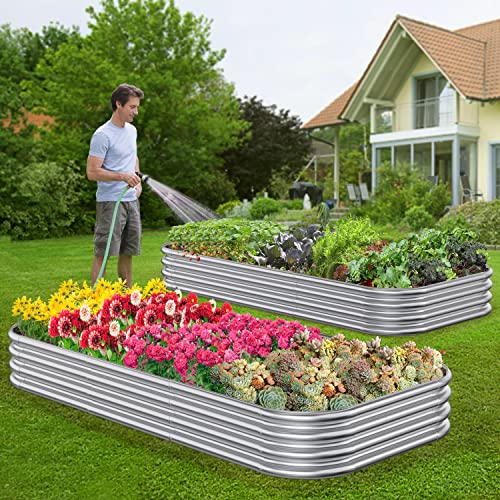 Mostmahes 2 PCS 10x2x1/8x4x1/6x6x1ft Outdoor Galvanized Raised Garden Bed for Flowers, 9 in 1 Adjustable Raised Planter Box, Backyard Metal Raised Garden Bed for Plant