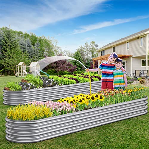 Mostmahes 2 PCS 10x2x1/8x4x1/6x6x1ft Outdoor Galvanized Raised Garden Bed for Flowers, 9 in 1 Adjustable Raised Planter Box, Backyard Metal Raised Garden Bed for Plant