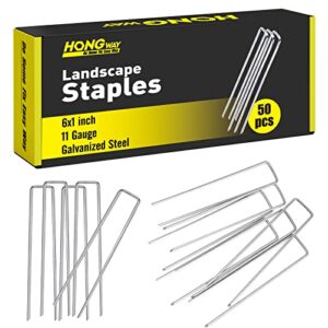 hongway 50 pack landscape staples 6 inch 11 gauge stakes, galvanized garden staple u-shaped pins and landscaping staples for sod anchoring landscape fabric irrigation tubing
