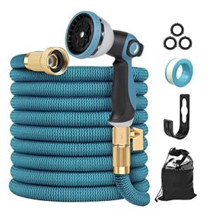 garden hose 25-100ft, flexible retractable hose with 10 function spray nozzle,4 layer latex and 3/4″ solid brass connectors,zinc alloy material lightweight no-kink flexible water hose (50ft)