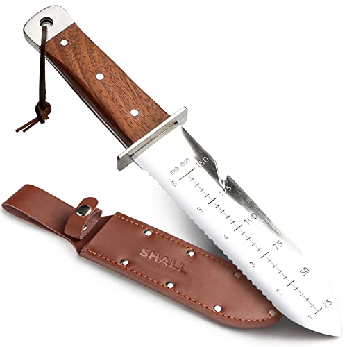 SHALL Hori Hori Garden Knife, Rosewood Handle Gardening Tool with Leather Sheath & Hide Rope, 7” Stainless Steel Blade with Cutting Edge for Rope, Full-Tang, for Digging, Weeding, Planting