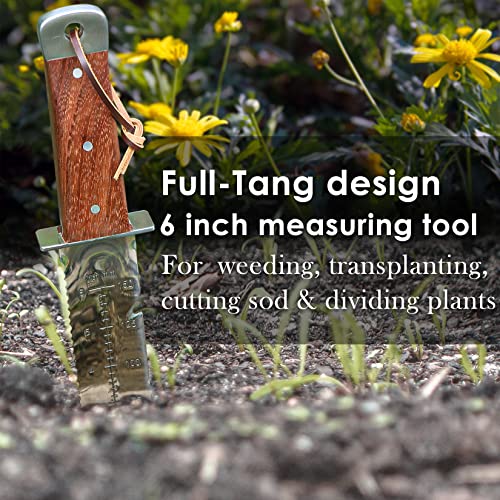 SHALL Hori Hori Garden Knife, Rosewood Handle Gardening Tool with Leather Sheath & Hide Rope, 7” Stainless Steel Blade with Cutting Edge for Rope, Full-Tang, for Digging, Weeding, Planting