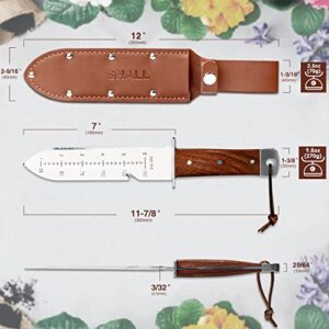 SHALL Hori Hori Garden Knife, Rosewood Handle Gardening Tool with Leather Sheath & Hide Rope, 7” Stainless Steel Blade with Cutting Edge for Rope, Full-Tang, for Digging, Weeding, Planting