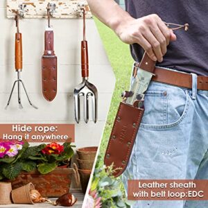 SHALL Hori Hori Garden Knife, Rosewood Handle Gardening Tool with Leather Sheath & Hide Rope, 7” Stainless Steel Blade with Cutting Edge for Rope, Full-Tang, for Digging, Weeding, Planting