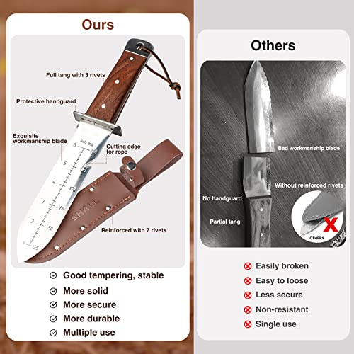 SHALL Hori Hori Garden Knife, Rosewood Handle Gardening Tool with Leather Sheath & Hide Rope, 7” Stainless Steel Blade with Cutting Edge for Rope, Full-Tang, for Digging, Weeding, Planting