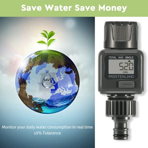 Moistenland Hose Water Flow Meter, Standard 3/4" Hose Thread, High Accuracy and IP6X Waterproof, Suitable for Indoor and Outdoor Use