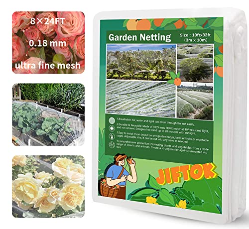 JIFTOK Ultra Fine Garden Mesh Netting, 8×24FT Plant Covers Insect Bird Protection Netting for Vegetable Fruits Flowers Crops Greenhouse Row Cover Raised Garden Bed Cover Screen Netting