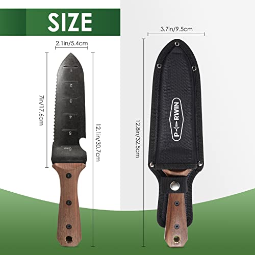 PERWIN Hori Hori Garden Knife, Garden Tools with Sheath for Weeding,Planting,Digging, 7" Stainless Steel Blade with Cutting Edge, Full-Tang Wood Handle with Hanging Hole