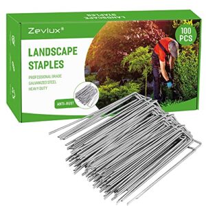 landscape staples zevlux garden staples 4 inch 100 pcs galvanized heavy-duty sod pins anti-rust fence stakes for weed barrier fabric, ground cover, irrigation tubing, 12 gauge, 100 pcs