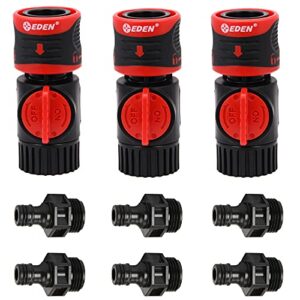 eden 93218 premium garden connect with shutoff valve and water stop & lock feature quick release kit hose fittings and adapters, (3 sets/ 9 pc)