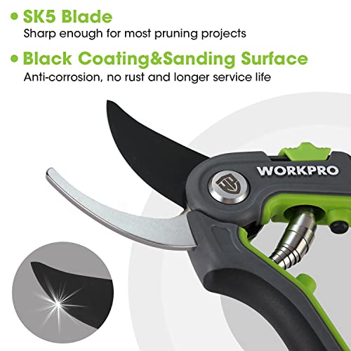 WORKPRO Bypass Pruning Shears, 8’’ Stainless Steel Gardening Hand Pruner, Professional Garden Trimming Scissors with Sharp SK5 Steel Blades, Ideal Garden Tool,Green