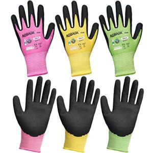 kebada k kids gardening gloves bulk pack,stretchy toddler garden gloves,grip kids work gloves for 3-9 years old,green yellow pink