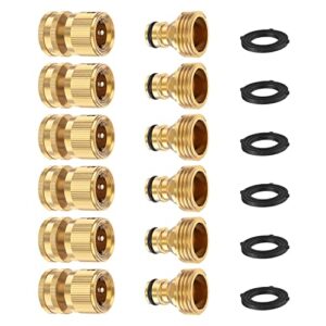 finest+ garden hose quick connector, solid brass 3/4 inch thread fitting no-leak water hose female and male easy connect (6 sets)