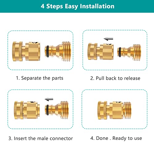 FINEST+ Garden Hose Quick Connector, Solid Brass 3/4 Inch Thread Fitting No-Leak Water Hose Female and Male Easy Connect (6 Sets)