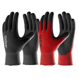 cooljob gardening gloves for men, 6 pairs breathable rubber coated garden gloves, work gloves for men, men’s large size fits most, black & red (half dozen l)