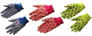 g & f products 1823-3 justforkids soft jersey kids garden gloves, kids work gloves, 3 pairs green/red/blue per pack