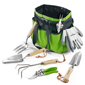 workpro garden tools set, 7 piece, stainless steel heavy duty gardening tools with wooden handle, including garden tote, gloves, trowel, hand weeder, cultivator and more-gardening gifts for women men