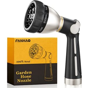 fanhao garden hose nozzle 100% heavy duty metal, water hose sprayer high pressure with 8 spray patterns, thumb control, on off valve for garden watering, car and pet washing