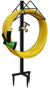 artigarden outdoor hose holder stand with brass spigot faucet – freestanding metal water pipe extension hanger stake heavy duty storage organizer for garden lawn & backyard