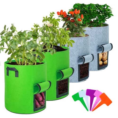 WEEDING 4 Pack 7 Gallon Grow Bags, Heavy Duty Potato Grow Plant Bag with Durable Handles, Thickened Non-Woven Fabric Growing Planter Pots Indoor&Outdoor, Garden Bags to Grow Vegetables(Green&Grey)