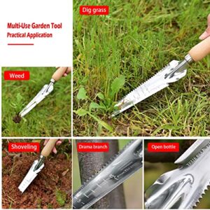 SOMOLUX Multifunctional Garden Tool Stainless Steel Shovel Hand Weeder with Wood Handle Soil Knife Tool for Planting Weeding Digging Transplanting Cutting Measuring