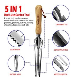 SOMOLUX Multifunctional Garden Tool Stainless Steel Shovel Hand Weeder with Wood Handle Soil Knife Tool for Planting Weeding Digging Transplanting Cutting Measuring