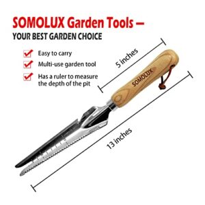 SOMOLUX Multifunctional Garden Tool Stainless Steel Shovel Hand Weeder with Wood Handle Soil Knife Tool for Planting Weeding Digging Transplanting Cutting Measuring