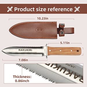 Hori Hori Garden Knife Japanese Stainless Steel, 7'' Durable Gardening Tool for Weeding, Digging, Cutting & Planting with Leather Sheath