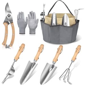 carsolt garden tool set – 7 piece stainless steel heavy duty wooden handle gardening tools, gardening kit for digging planting pruning with durable tote bag gift box ideal garden gifts for women men