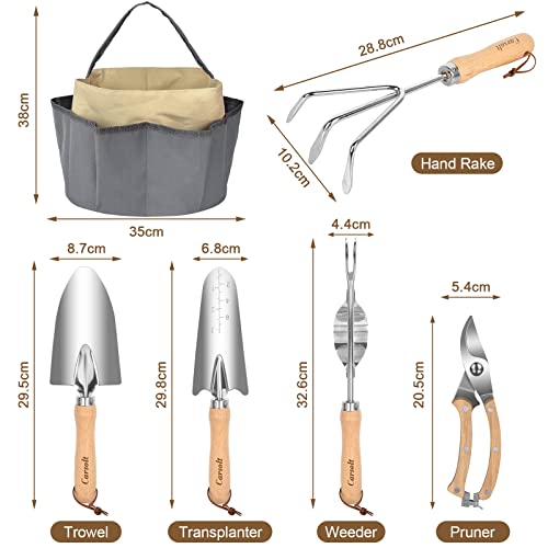 Carsolt Garden Tool Set - 7 Piece Stainless Steel Heavy Duty Wooden Handle Gardening Tools, Gardening Kit for Digging Planting Pruning with Durable Tote Bag Gift Box Ideal Garden Gifts for Women Men