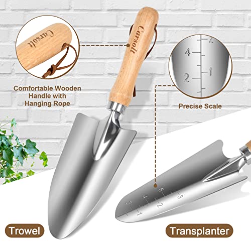 Carsolt Garden Tool Set - 7 Piece Stainless Steel Heavy Duty Wooden Handle Gardening Tools, Gardening Kit for Digging Planting Pruning with Durable Tote Bag Gift Box Ideal Garden Gifts for Women Men