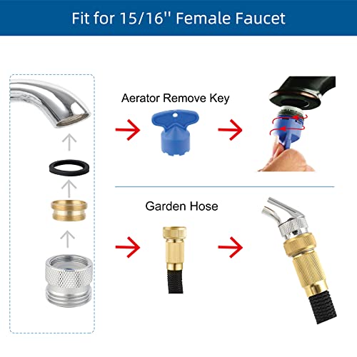 Hibbent Faucet to Garden Hose Adapter Kit, Sink Brass Garden Hose Attachment with Washer & Aerator Key, Multi-Thread Garden Hose Adapter for Male to Male and Female to Male, Chrome