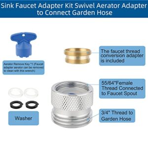 Hibbent Faucet to Garden Hose Adapter Kit, Sink Brass Garden Hose Attachment with Washer & Aerator Key, Multi-Thread Garden Hose Adapter for Male to Male and Female to Male, Chrome