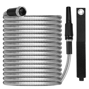 100ft garden hose made by metal with super tough and soft water hose, household stainless steel hose, durable metal hose with adjustable nozzle, no kinks and tangles, easy to store with storage strap