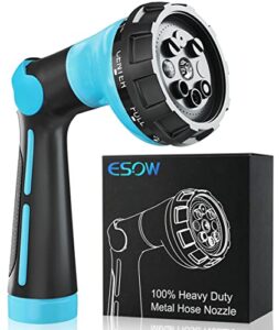 esow garden hose nozzle 100% heavy duty metal, water hose sprayer with 8 watering patterns, thumb control on off valve, high pressure nozzle sprayer for watering plants, car and pet washing, blue