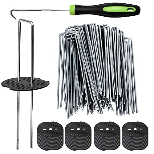 50Pcs Garden Stakes Staples + 50Pcs Gasket, Bakulyor 6 Inch Lawn Landscape Staples 11 Gauge U Shaped Galvanized Landscape Pins, Heavy Duty Yard Ground Pin for Weed Barrier Sod Fabric Decorations - 6"