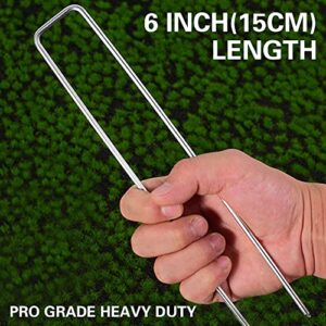 50Pcs Garden Stakes Staples + 50Pcs Gasket, Bakulyor 6 Inch Lawn Landscape Staples 11 Gauge U Shaped Galvanized Landscape Pins, Heavy Duty Yard Ground Pin for Weed Barrier Sod Fabric Decorations - 6"