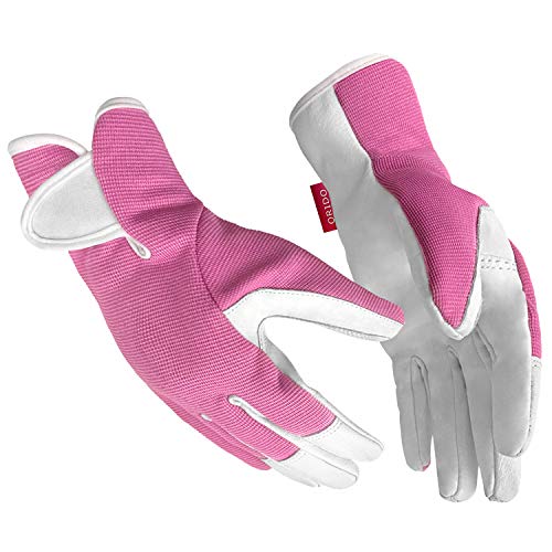 ORIDO Gardening Gloves for Women - Leather Working Gloves for Womens Work Glove for Yard Gardening Weeding Digging and Pruning(Small,Pink)