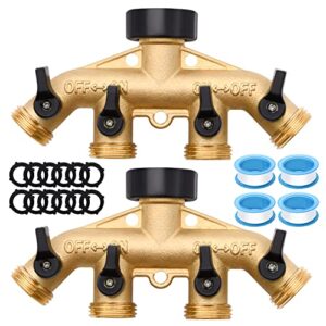 4 way hose splitter, 2 pack heavy duty brass garden hose splitter, for 3/4″ hose connector, hose spigot adapter 4 valves, brass garden hose manifold with 12 rubber washers & 4 tapes (2 pack 4 way)