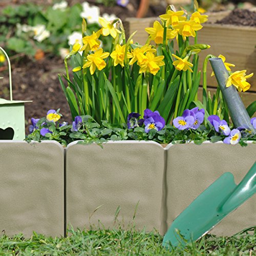 Pure Garden 82-YJ459 Garden 10-Piece-Set of Decorative Flower Bed Edging for Landscaping – 8-Foot Stone Border – Interlocking Outdoor Lawn Stakes, Putty