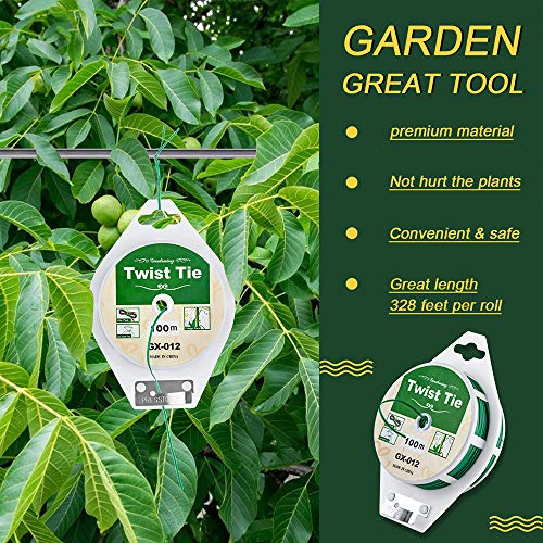 Praaest Twist Tie, 328 Feet (100m), Green Coated Garden Plant Ties with Cutter for Garden Plant Support, Multifunctional Wire Twine for Organizing Home, Office, Gardening, Vines, Flowers (1 Pack)