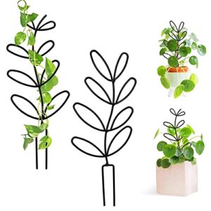 garden trellis for climbing plant, 2 pks small plant metal trellis, 12’’ leaf shape indoor climbing plants stake for potted plants, houseplant, home plant, mini rose, plant lover gifts (black)