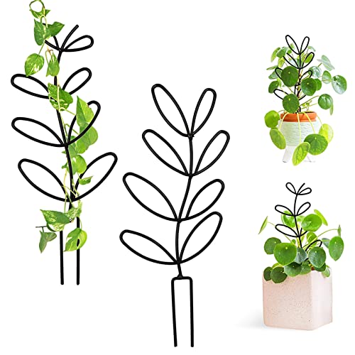 Garden Trellis for Climbing Plant, 2 Pks Small Plant Metal Trellis, 12’’ Leaf Shape Indoor Climbing Plants Stake for Potted Plants, Houseplant, Home Plant, Mini Rose, Plant Lover Gifts (Black)