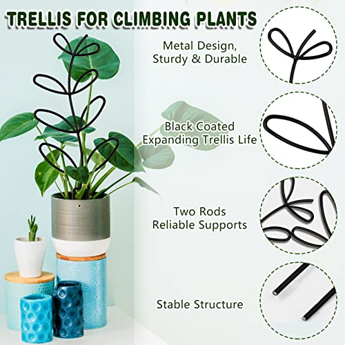 Garden Trellis for Climbing Plant, 2 Pks Small Plant Metal Trellis, 12’’ Leaf Shape Indoor Climbing Plants Stake for Potted Plants, Houseplant, Home Plant, Mini Rose, Plant Lover Gifts (Black)