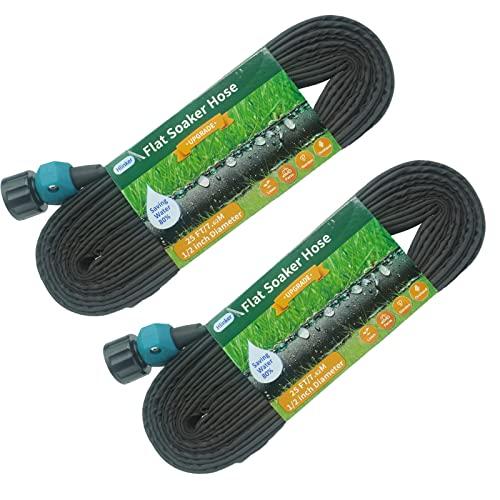 Hlinker Flat Soaker Hose, 1/2" 25Ft 2Packs Linkable Consistent Drip Irrigation Hose Save 80% Water, Leakproof Heavy Duty Double Layer Sprinkler Hose for Garden Bed Vegetable