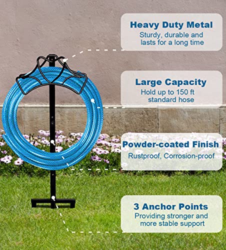 Artigarden Outdoor Garden Freestanding Hose Holder Stand, Heavy Duty Metal Water Pipe Storage Rack Stake for Backyard, Black