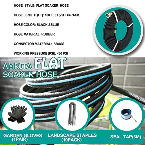 AMRITA Flat Soaker Hose Kit 100FT (25FT Pack of 4) with Brass ends , , Heavy Duty Rubber Garden Hose, Saves 70% Water for Lawn, Garden Beds. （25ft x 4 Pack）