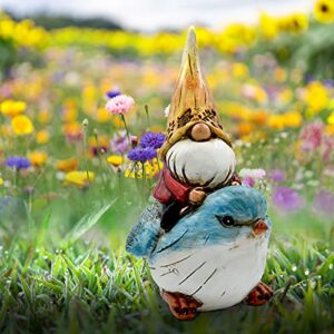 garden gnomes outdoor decorations – 7.25 inches tall – gnome statues for yard, lawn, patio, porch decor – hand painted, weatherproof gnome figurine (blue bird rider gnome) hazel & birch