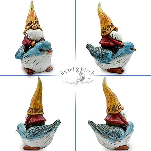 Garden Gnomes Outdoor Decorations - 7.25 inches Tall - Gnome Statues for Yard, Lawn, Patio, Porch Decor - Hand Painted, Weatherproof Gnome Figurine (Blue Bird Rider Gnome) HAZEL & BIRCH